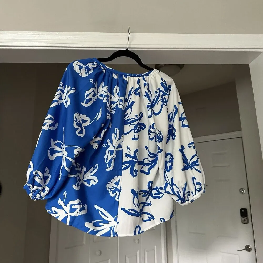 Crosby by Mollie Burch Blue & White Blouse Floral Size S Womens Top Cottage Chic - Picture 3 of 8